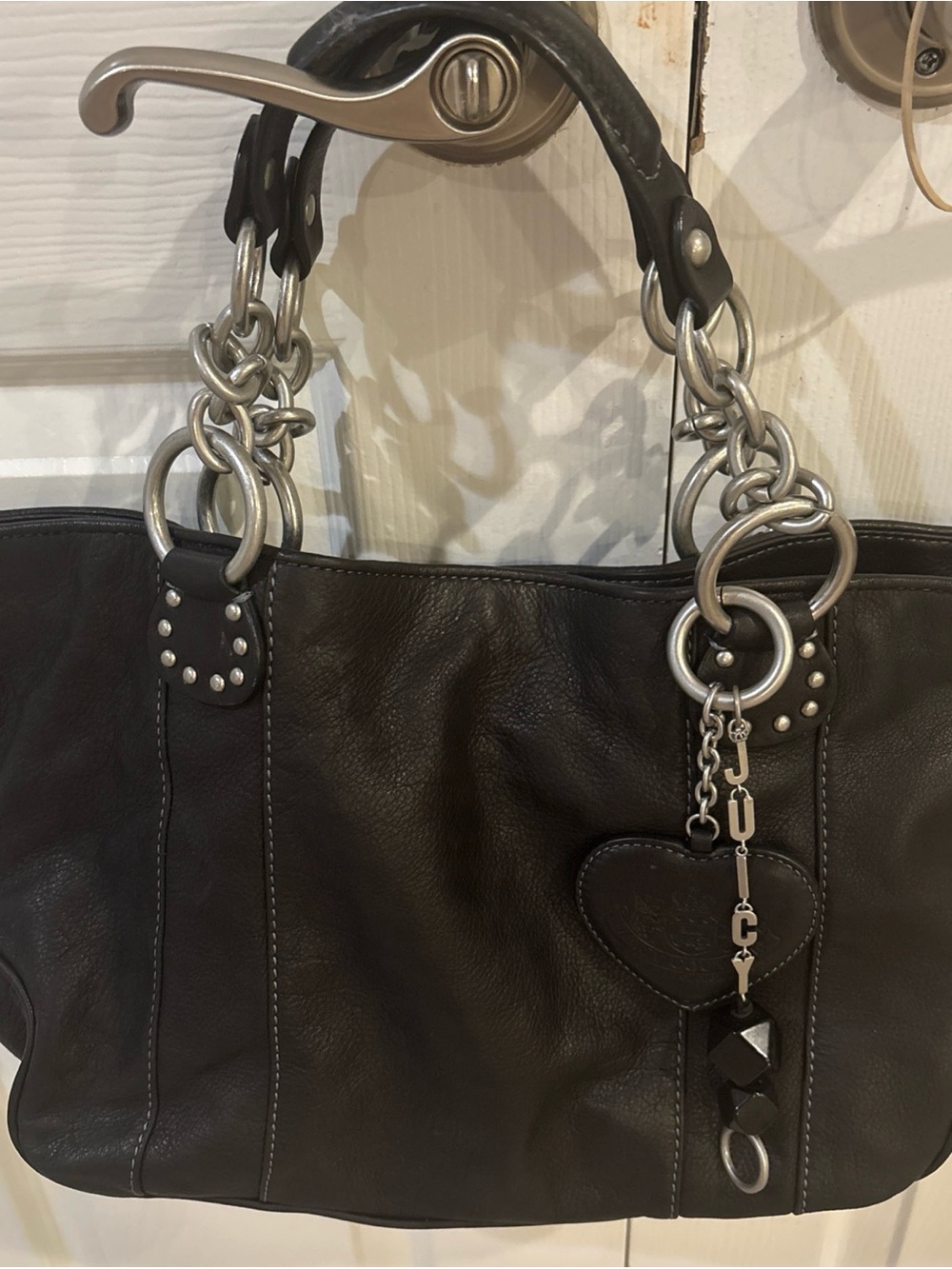 Juicy Couture vintage black Leather tote Bag with Charms and siiver hardware
